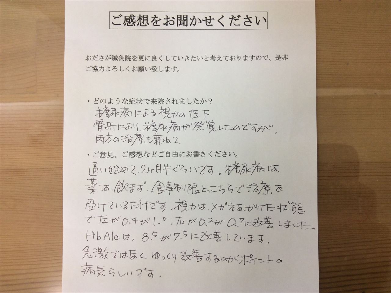 患者からの　手書手紙　測量　糖尿病による視力低下